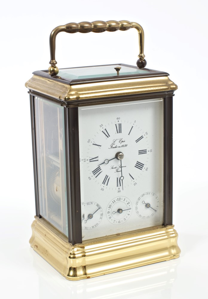 Contemporary French brass repeating alarm carriage clock with subsidiary day, date and alarm dials,