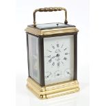Contemporary French brass repeating alarm carriage clock with subsidiary day, date and alarm dials,