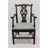 Early 20th century Chippendale revival carved mahogany open elbow chair with pierced vase-shaped