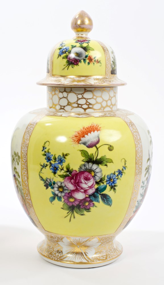 Pair late 19th century Dresden porcelain vases and covers with polychrome painted figure and floral - Image 2 of 5