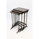 Nest of three Edwardian mahogany occasional tables, each with raised ebonised bead gallery,