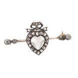 Victorian diamond and moonstone heart-shape bar brooch with a central heart-shape moonstone,