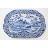 Early 19th century blue and white ashet with printed cattle in stream by ruins,