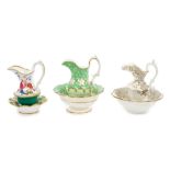 Three 19th century Staffordshire miniature wash jugs and basins, circa 1840,