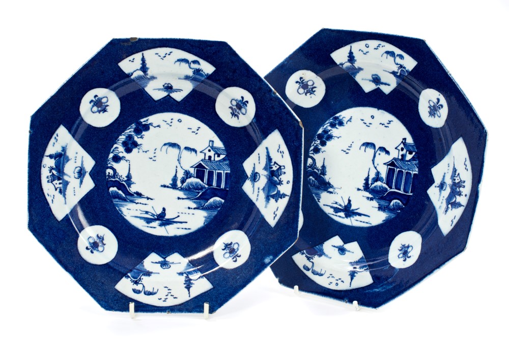 Pair 18th century Bow blue and white octagonal plates, circa 1765,