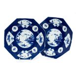 Pair 18th century Bow blue and white octagonal plates, circa 1765,