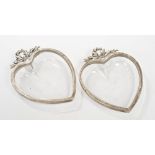 Pair Victorian silver mounted heavy glass dressing table dishes in the form of hearts,