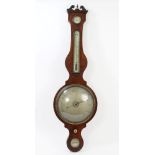 George III inlaid mahogany banjo-shaped barometer / thermometer with silvered dial and subsidiary