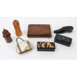 Group of 19th century boxes - to include papier mâché shoe snuff, rectangular tortoiseshell snuff,
