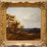 Pair of 19th century English School oils on canvas - figures and livestock in extensive landscapes,