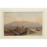 David Cox (1783 - 1859), watercolour - figures on horseback crossing a rocky river, signed,