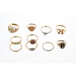 Ten gold and gem set rings - various