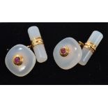 Pair contemporary chalcedony and ruby cufflinks with ruby cabochons and silver gilt mounts