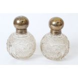 Pair Edwardian cut glass scent globes with hobnail cut decoration,
