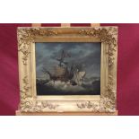 Antique oil on panel - shipping in squally seas, in gilt frame,