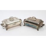 Pair of Old Sheffield plate entrée dishes with removable dividers and separate warmer bases,