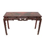 Late 19th / early 20th Century Chinese red lacquer altar table with polychrome chinoiserie ornament,