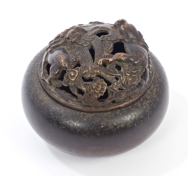 Antique Chinese bronze censor and cover of squat bulbous form,