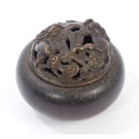 Antique Chinese bronze censor and cover of squat bulbous form,