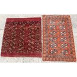 Antique Turkoman rug with three runs of seven quartered guls on brick-red ground in geometric