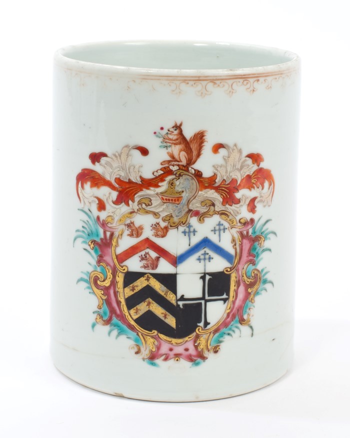 Mid-18th century Chinese armorial tankard of cylindrical form,