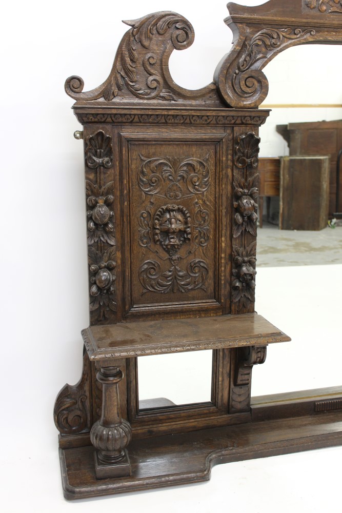 Victorian carved oak overmantel, the central arched mirrored plate below pierced small pediment, - Image 4 of 4