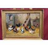 Alfred Prehn, oil on canvas - chickens in a barn, signed, in gilt frame,