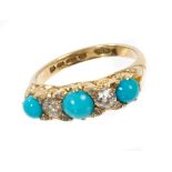 Edwardian diamond and turquoise five stone ring with three round turquoise cabochons interspaced by
