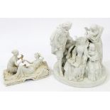 19th century French, possibly Sèvres, bisque porcelain figure group of figures in conversation,