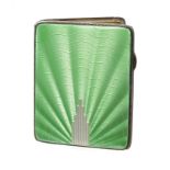 Art Deco silver and enamel cigarette case with lime-green and translucent guilloche enamel front