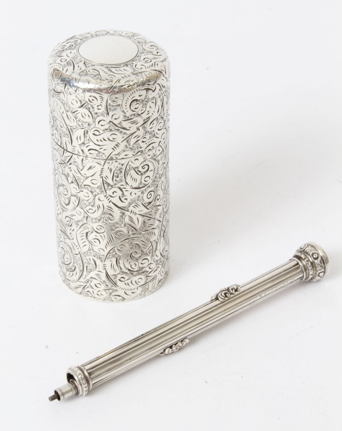 Victorian silver slide-action combination dip pen and propelling pencil with classical column body