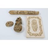 19th century Canton carved ivory card case with figural and floral relief carved reserves,