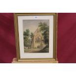 Follower of David Cox, 19th century watercolour - figures before church ruins,