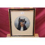 Victorian English School watercolour - tondo portrait of a dog, monogrammed and dated 1877,