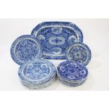 Early 19th century Spode blue and white net pattern dinner service with printed chinoiserie