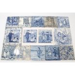Collection of fourteen Victorian blue and white tiles - including Wedgwood months of the year and