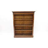Edwardian mahogany and brass inlaid open bookcase with dentil cornice and three adjustable shelves,