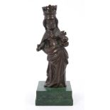 Antique German Medieval-style bronze figure - a queen wearing a crown and holding an orb and base