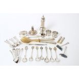 Selection of Continental silver and white metal - including salad servers, sugar sifter,
