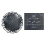 George V silver salver of circular form, with piecrust border,