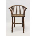 Unusual 19th century yew and elm child's high chair with stick back and saddle seat on turned legs