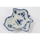 18th century Worcester blue and white leaf-shaped pickle dish with painted floral sprig-moulded