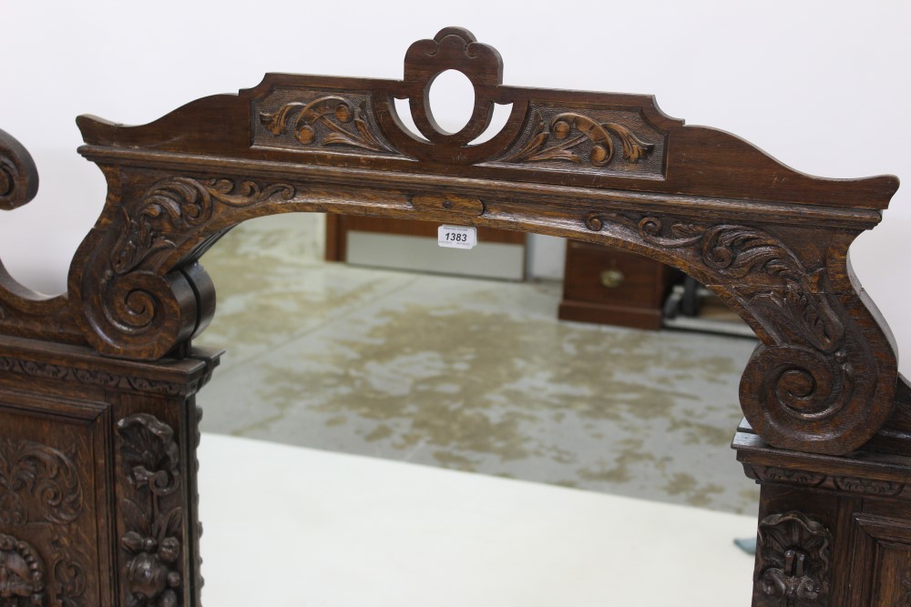 Victorian carved oak overmantel, the central arched mirrored plate below pierced small pediment, - Image 2 of 4