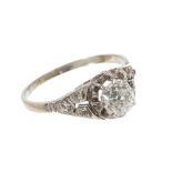 Art Deco diamond single stone ring with an old cut cushion-shape diamond estimated to weigh