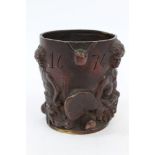 17th century-style bronze mortar finely cast with African tribal figures and dated 1674,