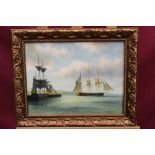 James Hardy, contemporary oil on board - shipping off the harbour, signed, in gilt frame,
