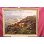 19th century Scottish School oil on canvas - Mountainous landscape with Highland cattle,
