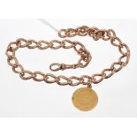 9ct rose gold curb link watch chain with an Islamic Kurdish gold coin fob CONDITION