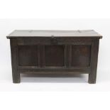 Late 17th century carved oak coffer with hinged plank lid and arcade carved frieze over triple