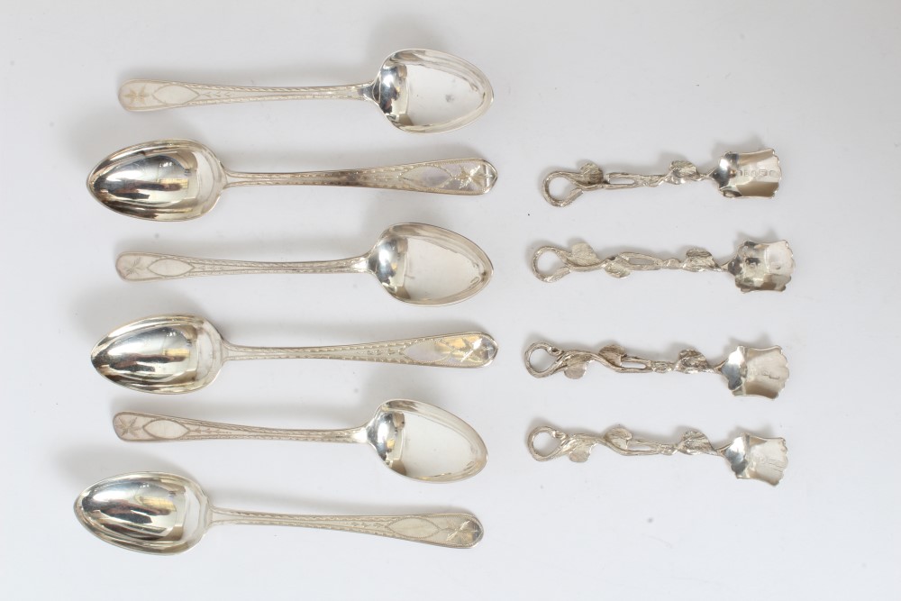 Set of six Victorian Irish silver Old English rattail pattern pudding spoons with bright cut